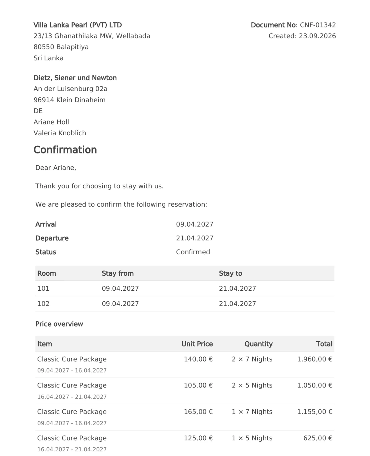 The same booking confirmation generated in English
