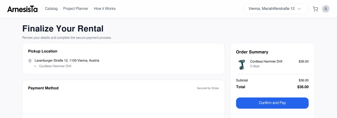 Arnesista checkout: the pickup location, the top of the Stripe payment section and an order summary for a three-day drill rental with a Confirm and Pay button