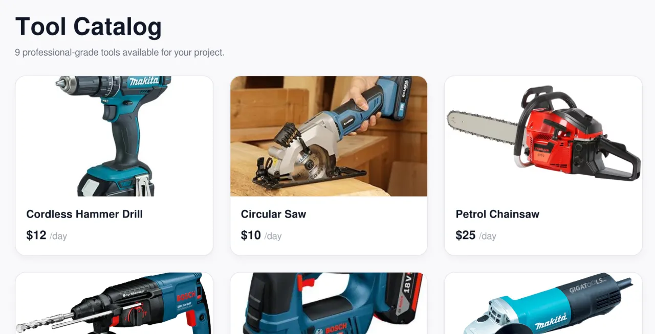 Arnesista tool catalog with cards for a cordless hammer drill, a circular saw and a petrol chainsaw and their daily prices