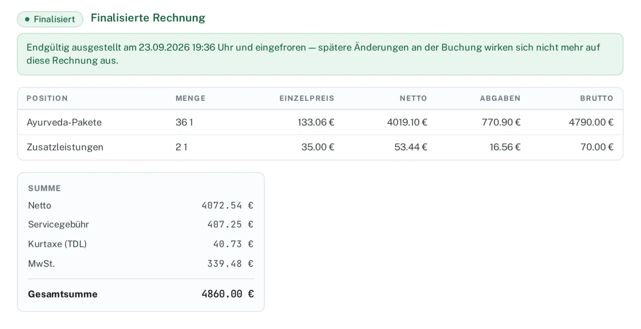 Finalized Ayura invoice with net amounts, service charge, tourism levy, VAT and total