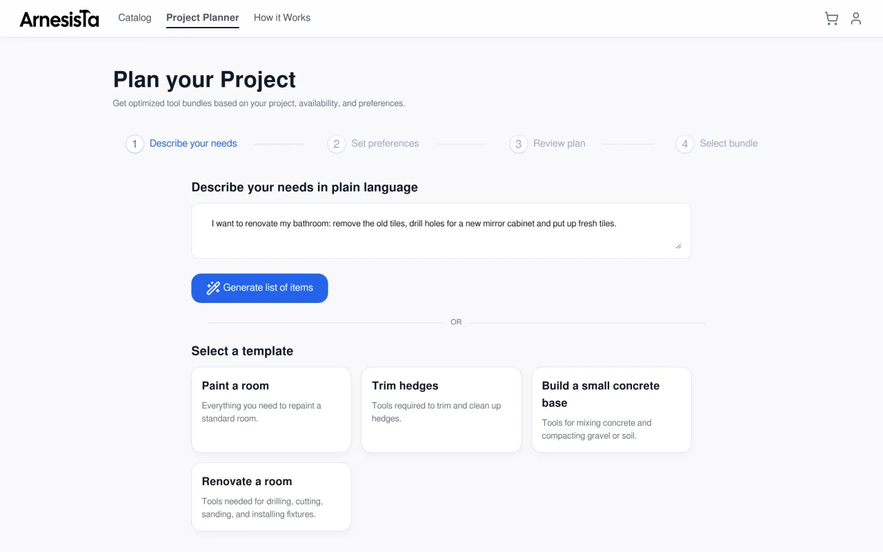 Arnesista planner, first step: a bathroom renovation described in plain language, above four job templates: paint a room, trim hedges, build a small concrete base and renovate a room