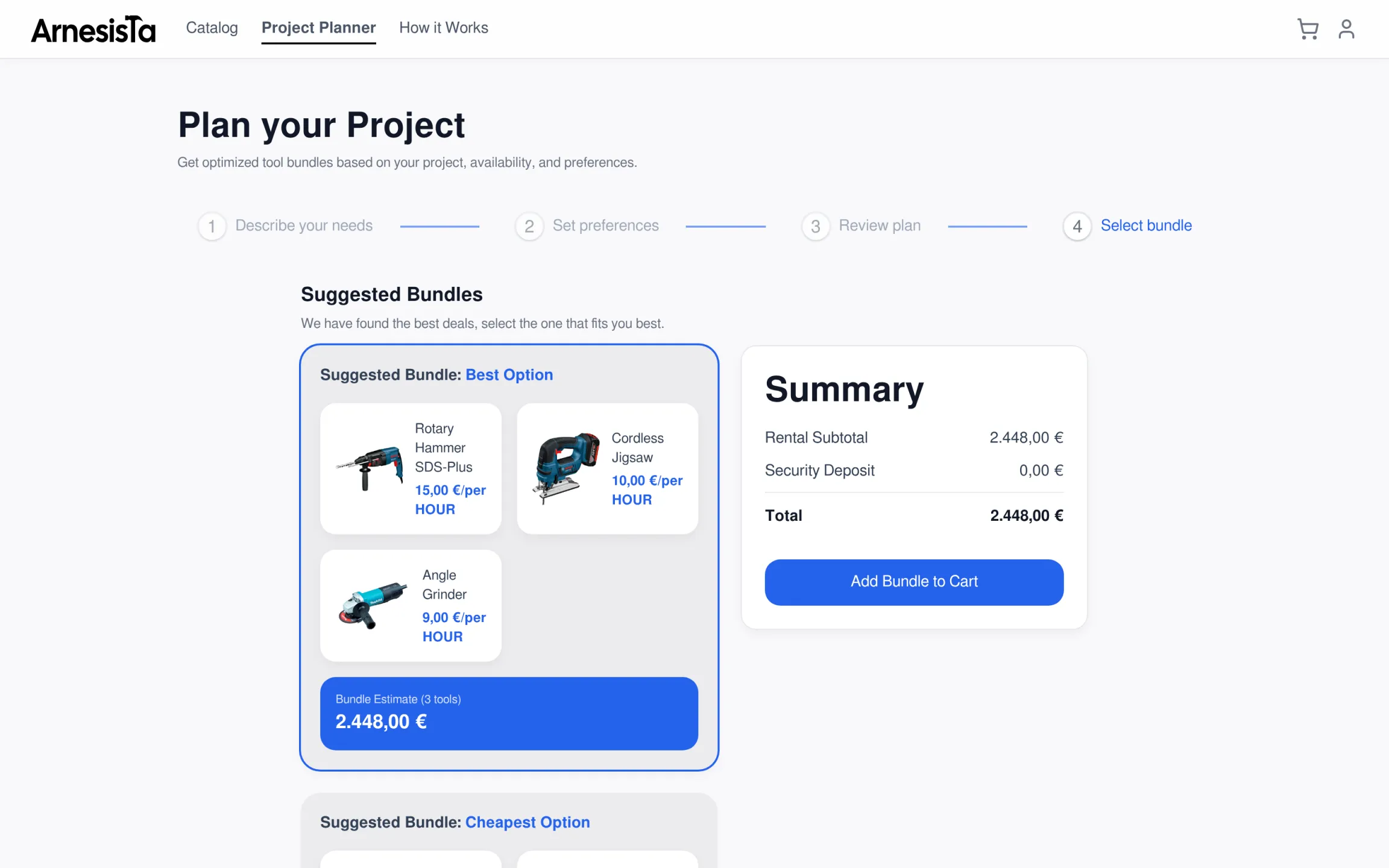 Arnesista planner, last step: suggested bundles for a bathroom renovation. The selected best option combines a rotary hammer, a cordless jigsaw and an angle grinder, next to a summary with rental subtotal, security deposit, total and an Add Bundle to Cart button