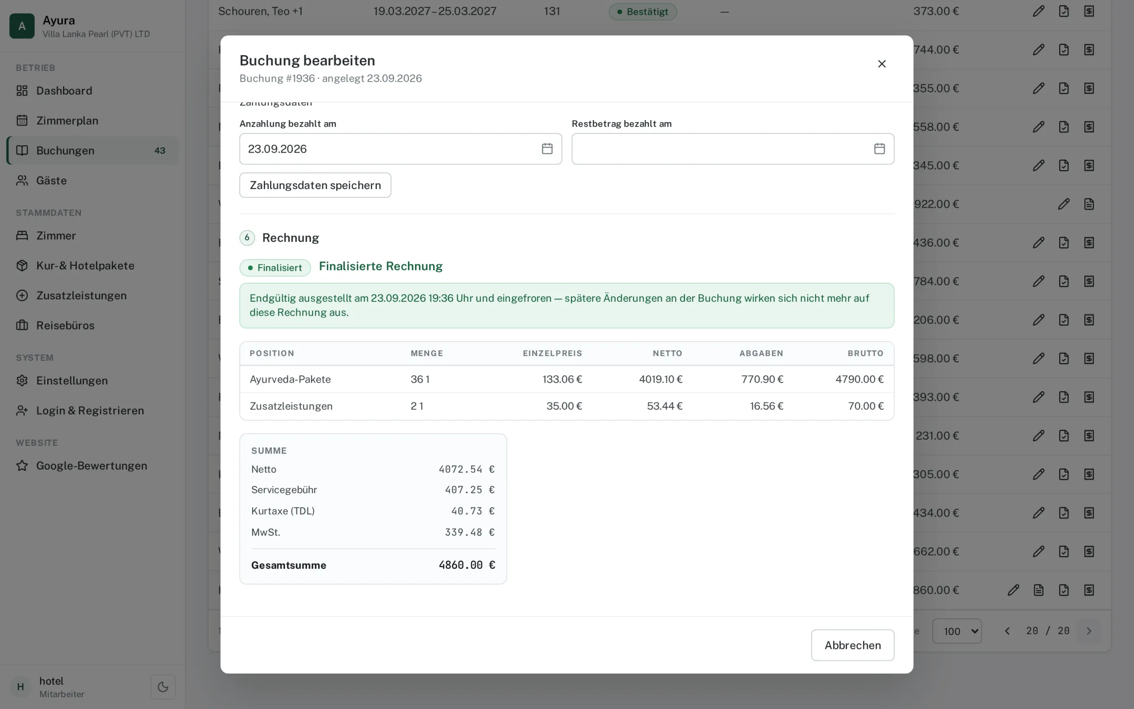 Ayura booking dialog for a two-room Ayurveda cure booking, showing the finalized invoice: package and transfer lines with net amount, levies and gross, then totals for service charge, tourism levy (TDL), VAT and a grand total of 4,860 euros